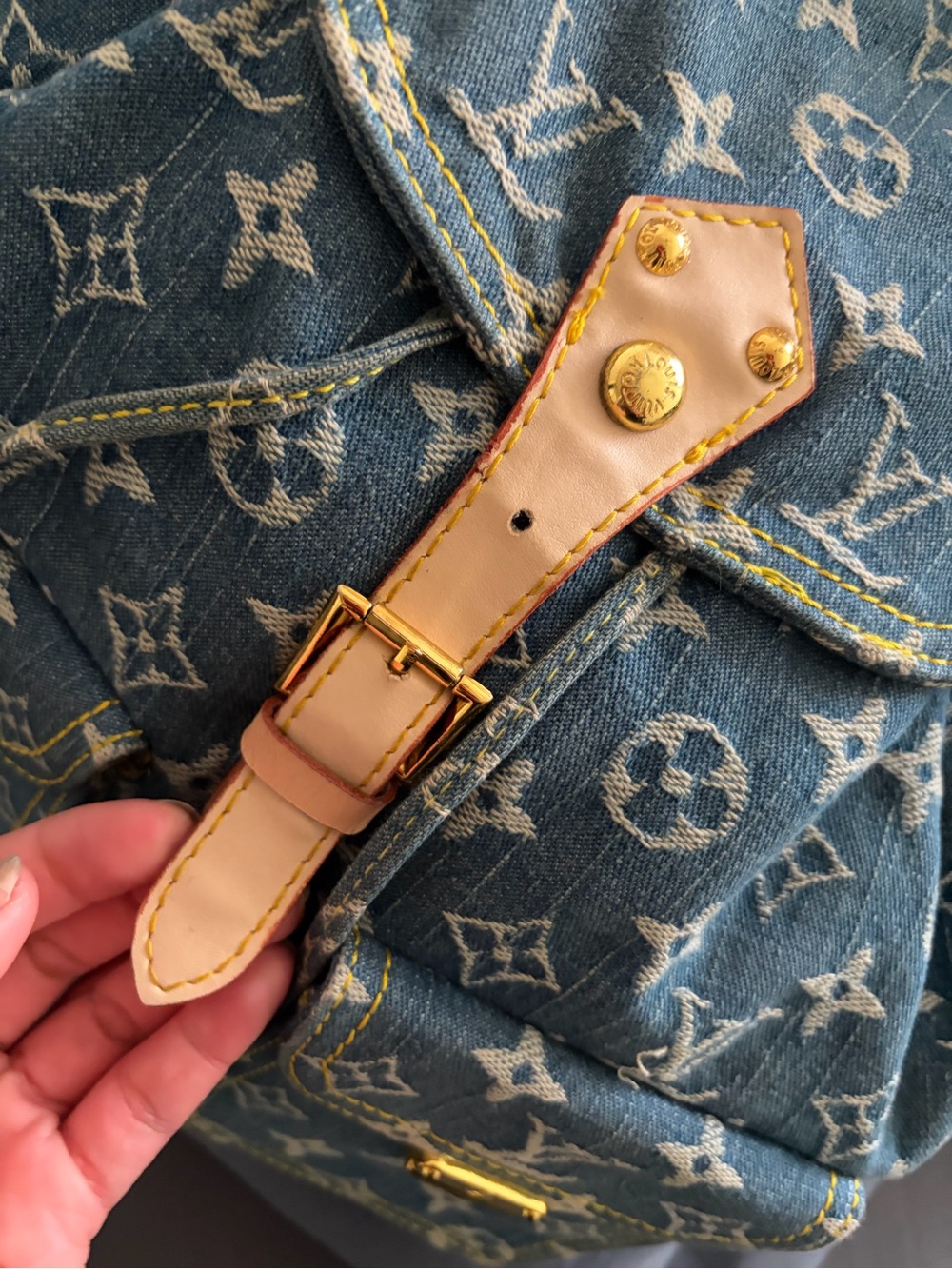 Stylish Fashion Denim Backpack with Tan Leather Trim - Picture 7 of 14